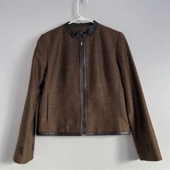 Lord & Taylor 100% Wool With Leather Trim Zip Up Jacket Blazer Brown Sz 8 office - Picture 1 of 10
